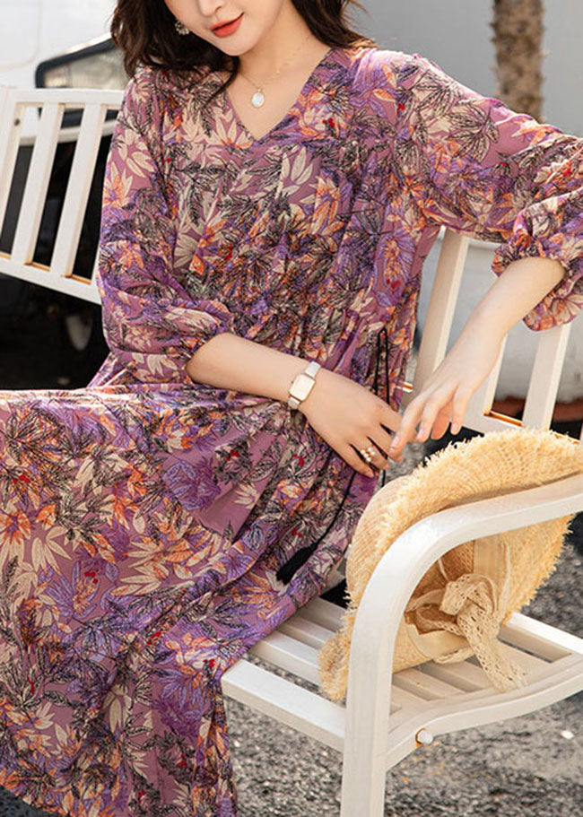 French Purple V Neck Print Patchwork Chiffon Holiday Dress Spring