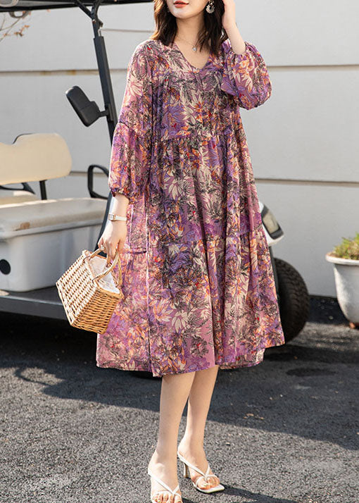 French Purple V Neck Print Patchwork Chiffon Holiday Dress Spring