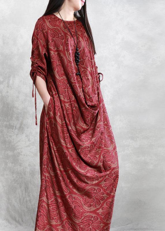 French Red Asymmetrical Design Button Fall Print Maxi Dresses Half Sleeve - Omychic