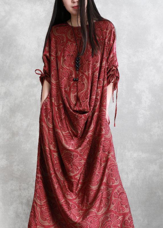 French Red Asymmetrical Design Button Fall Print Maxi Dresses Half Sleeve - Omychic