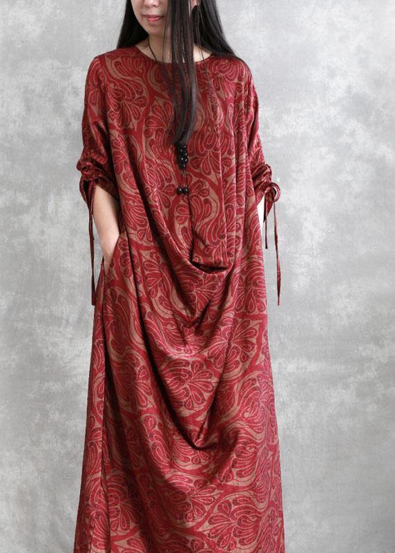 French Red Asymmetrical Design Button Fall Print Maxi Dresses Half Sleeve - Omychic