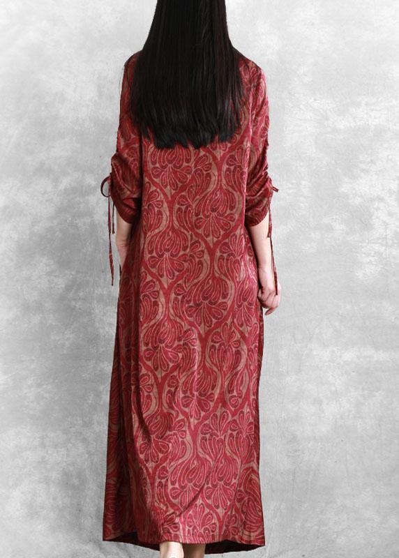 French Red Asymmetrical Design Button Fall Print Maxi Dresses Half Sleeve - Omychic