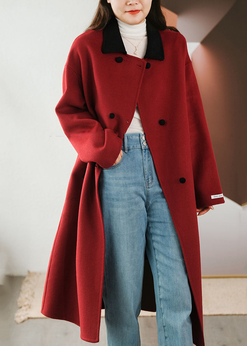French Red Colorblock Peter Pan Collar Patchwork Double Breast Woolen Coats Winter