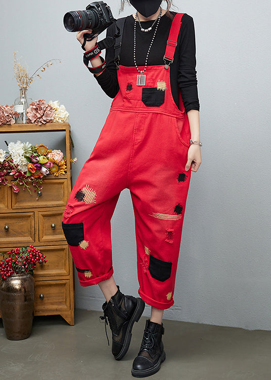 French Red Embroideried Patchwork Cotton Denim Jumpsuits Spring