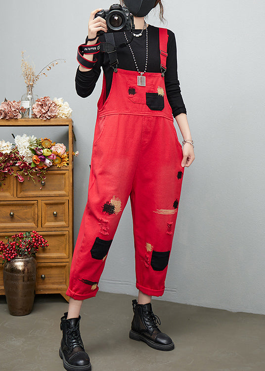French Red Embroideried Patchwork Cotton Denim Jumpsuits Spring