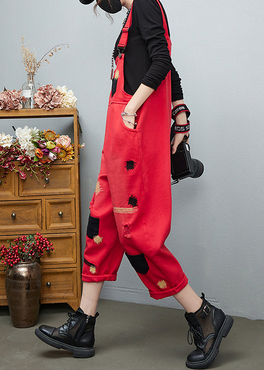 French Red Embroideried Patchwork Cotton Denim Jumpsuits Spring