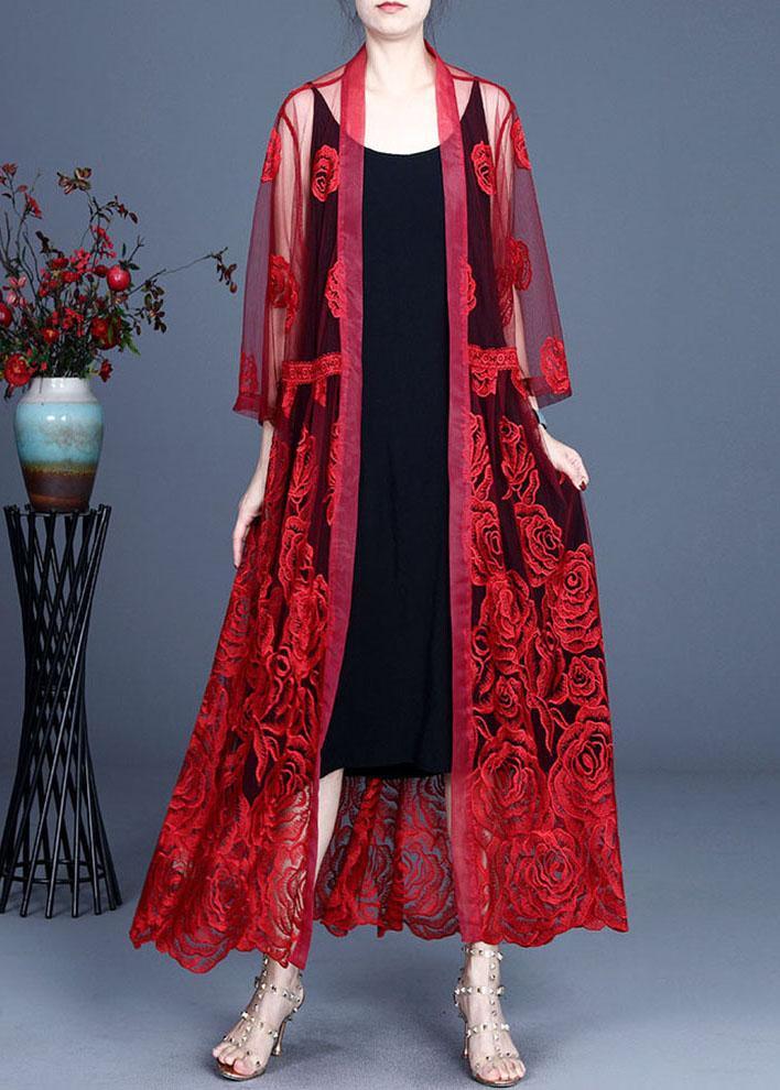 French Red Embroideried Tulle Cardigan Long - Omychic