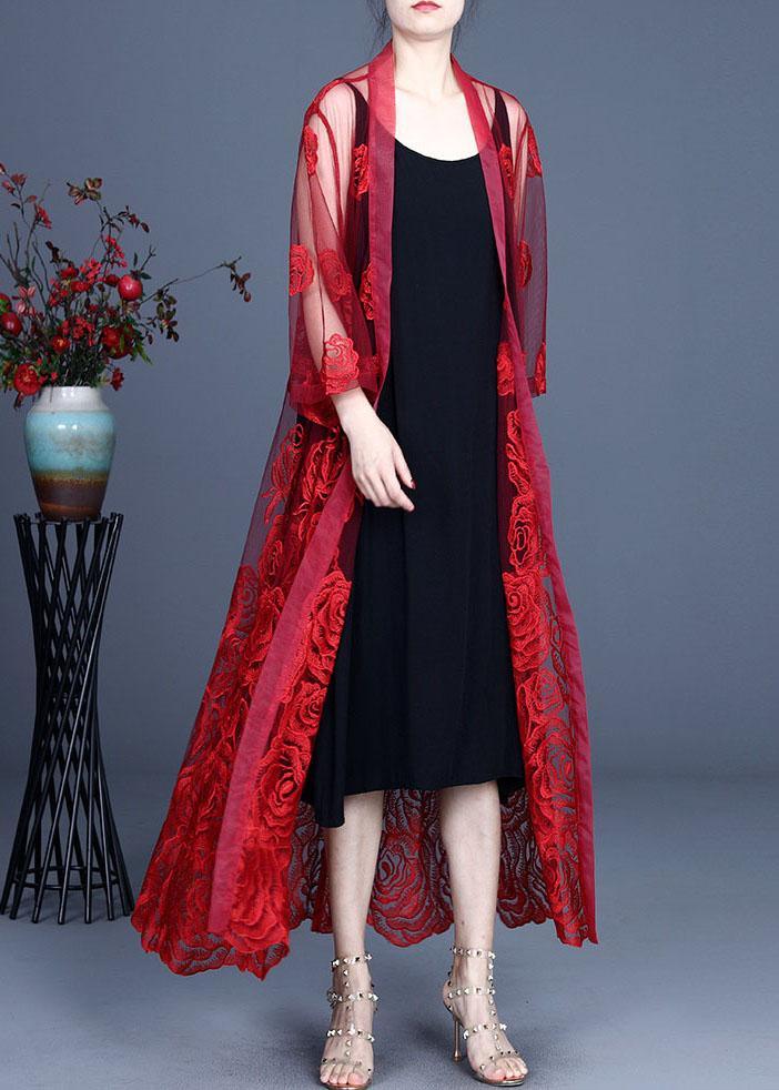 French Red Embroideried Tulle Cardigan Long - Omychic