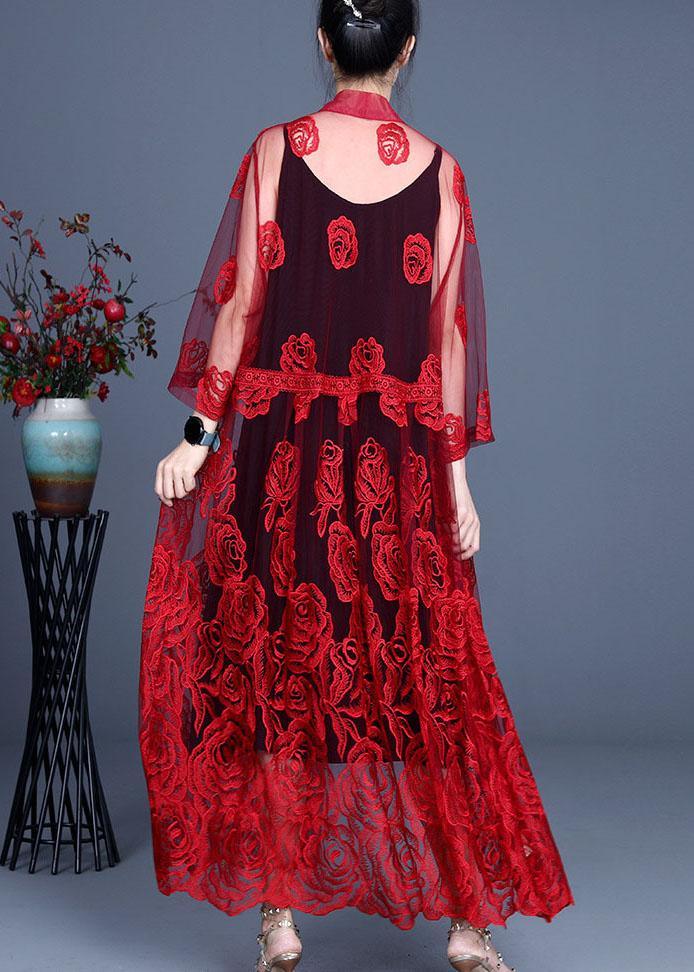 French Red Embroideried Tulle Cardigan Long - Omychic