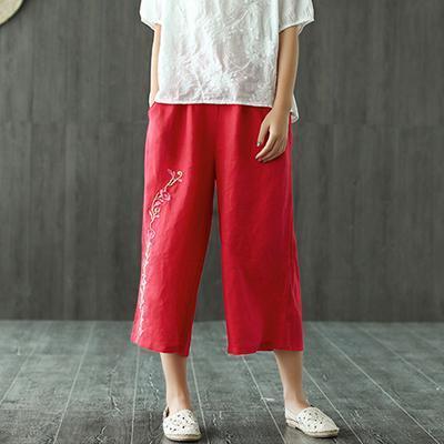 French Red Fashion Linen Embroidery Casual Wide Leg Pants - Omychic