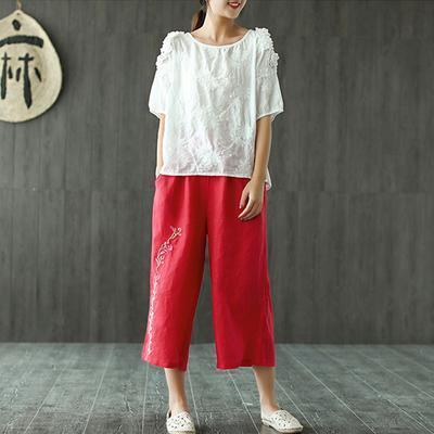 French Red Fashion Linen Embroidery Casual Wide Leg Pants - Omychic