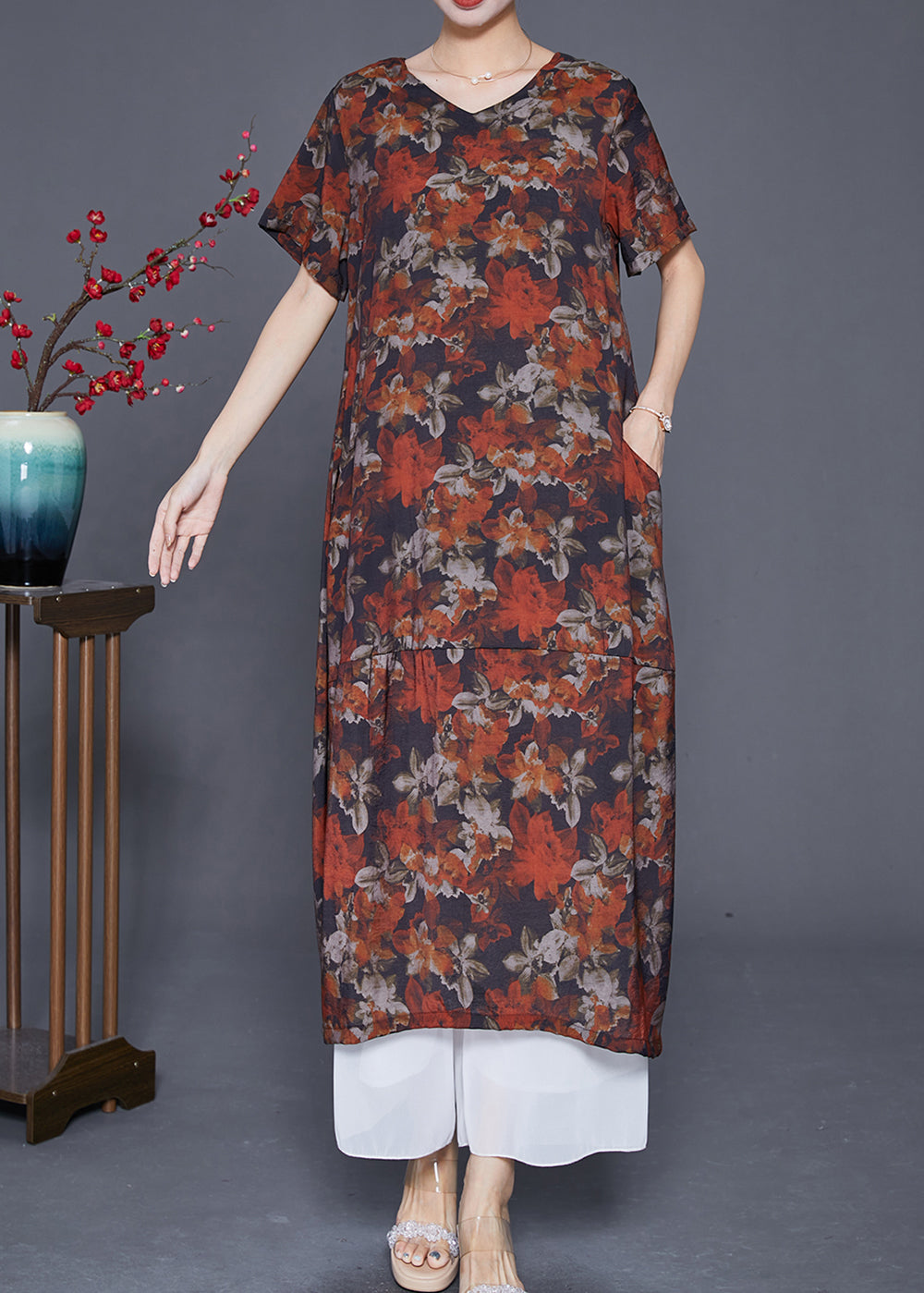 French Red Floral Patchwork Linen Straight Dress Summer