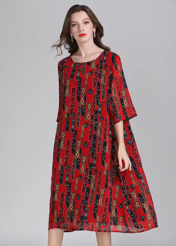 French Red O Neck Print Patchwork Chiffon Mid Dress Summer