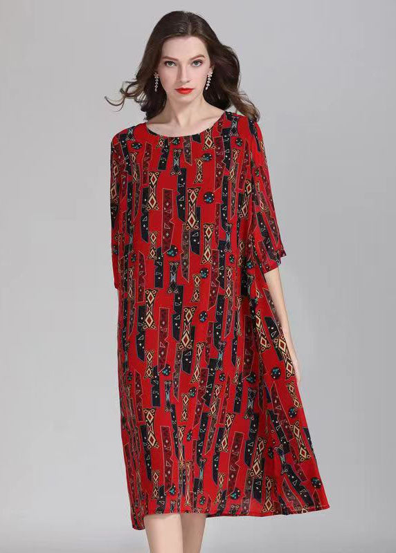 French Red O Neck Print Patchwork Chiffon Mid Dress Summer