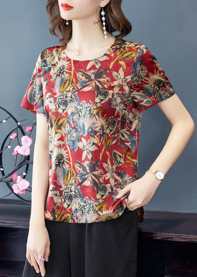 French Red O-Neck Print Silk Tank Tops Short Sleeve
