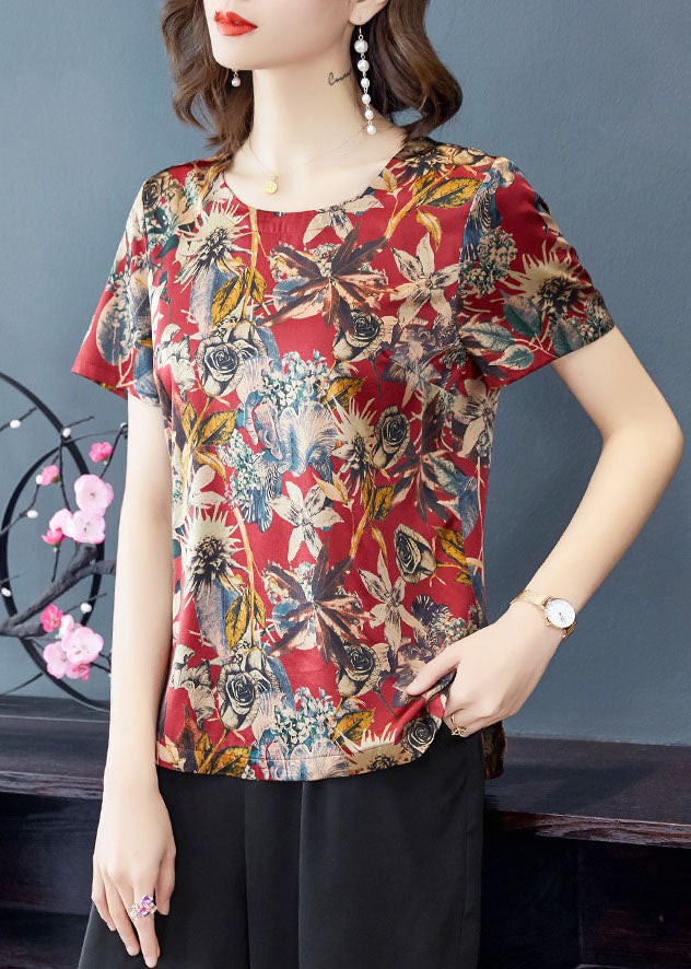 French Red O-Neck Print Silk Tank Tops Short Sleeve