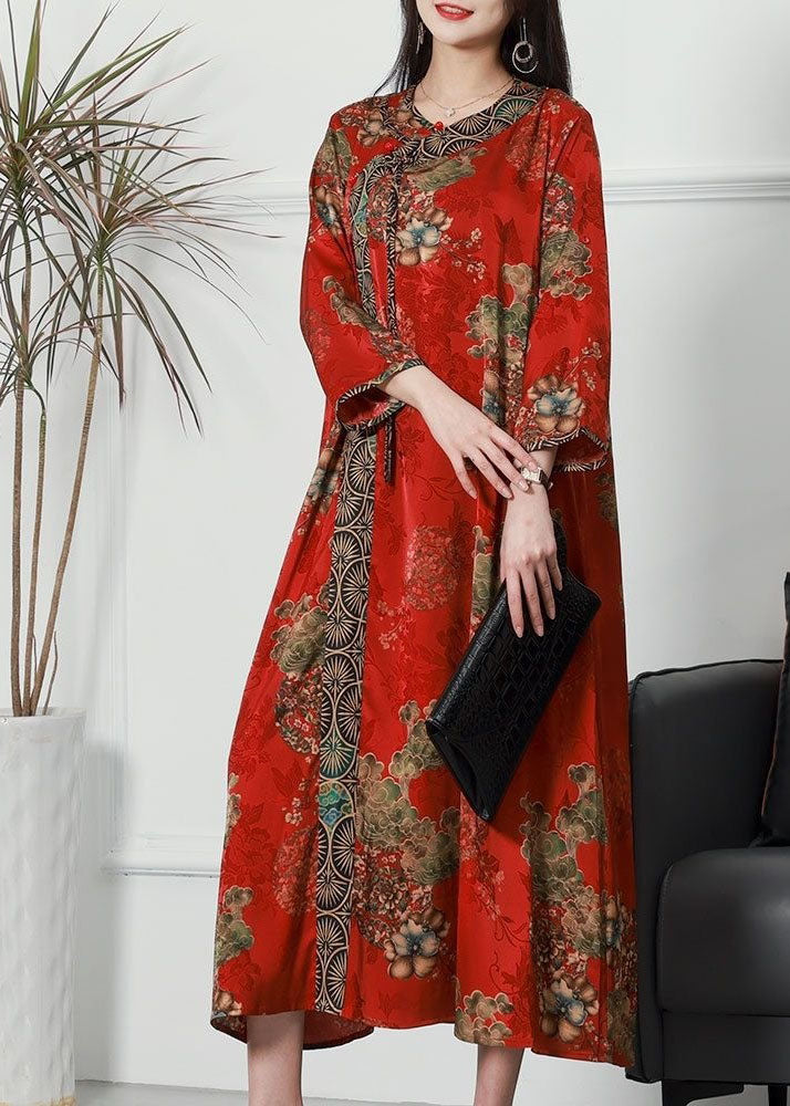 French Red Print Patchwork Tasseled Silk Dresses Spring