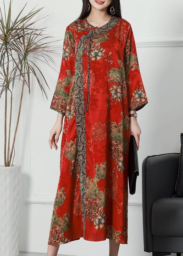 French Red Print Patchwork Tasseled Silk Dresses Spring