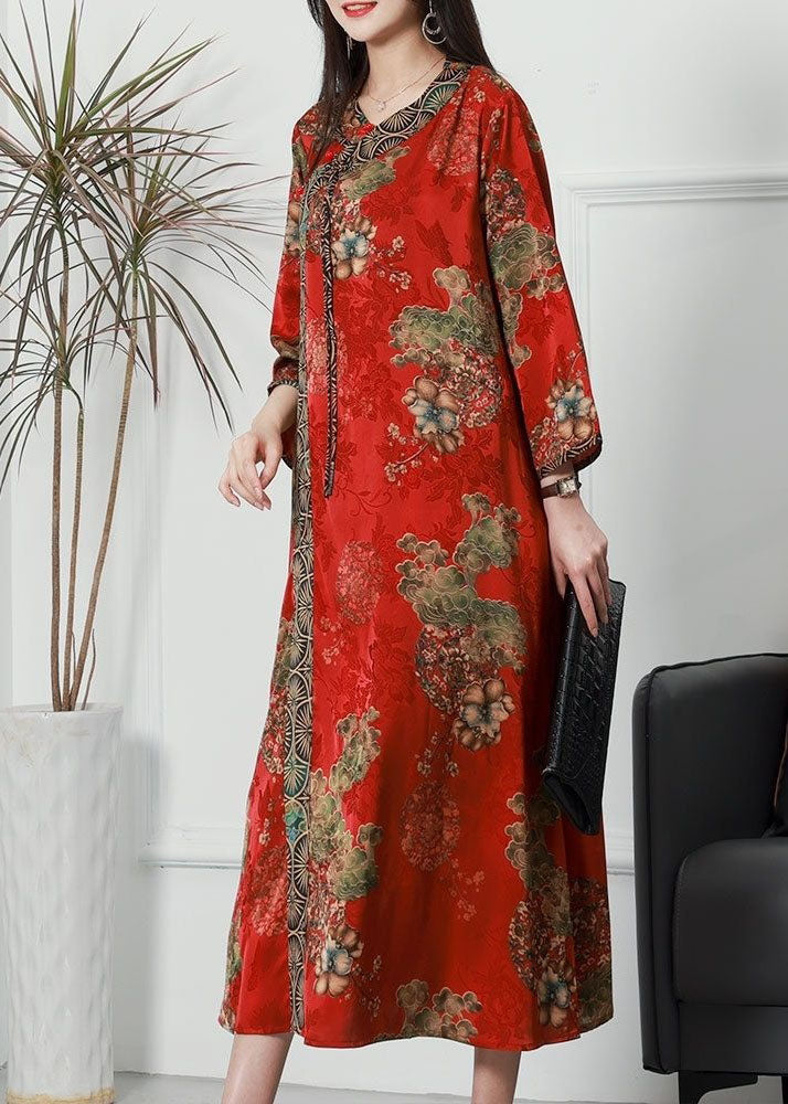 French Red Print Patchwork Tasseled Silk Dresses Spring