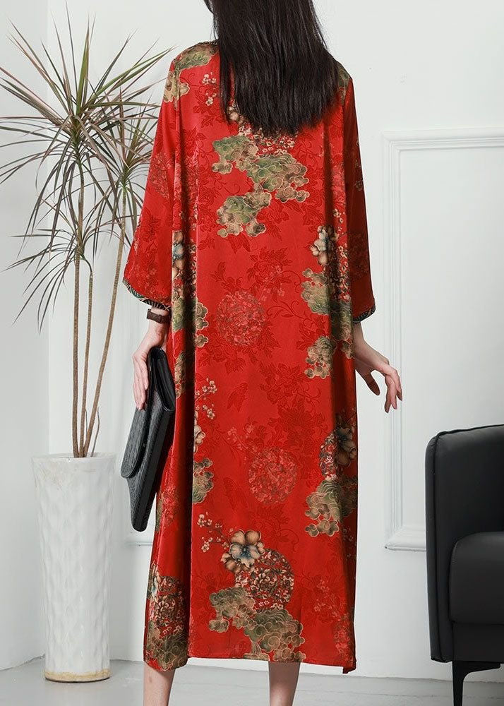 French Red Print Patchwork Tasseled Silk Dresses Spring