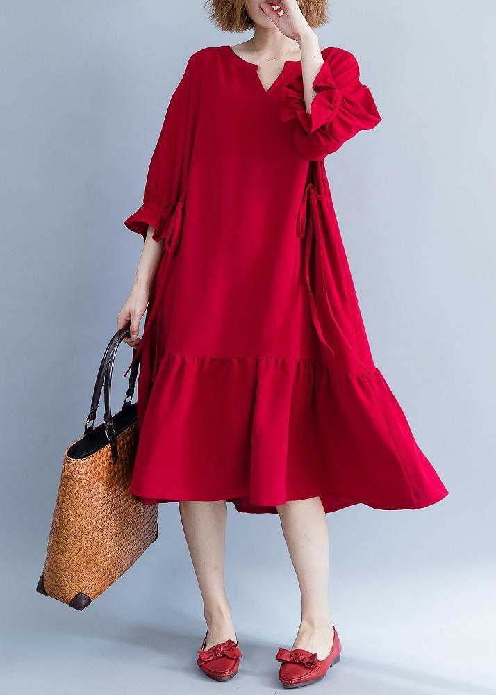 French Red Ruffle Stie Waist Spring Summer Dress - Omychic