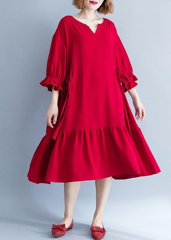 French Red Ruffle Stie Waist Spring Summer Dress - Omychic