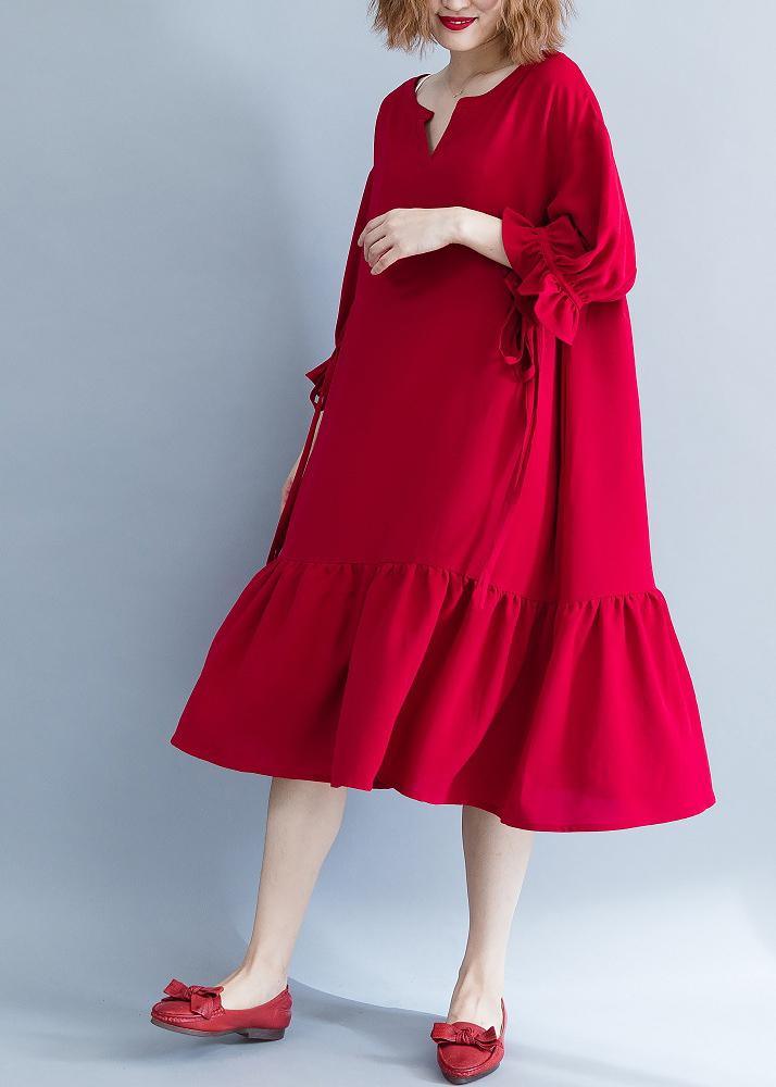 French Red Ruffle Stie Waist Spring Summer Dress - Omychic