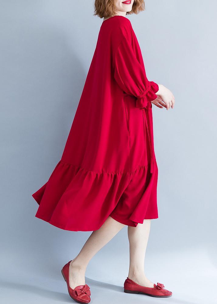 French Red Ruffle Stie Waist Spring Summer Dress - Omychic