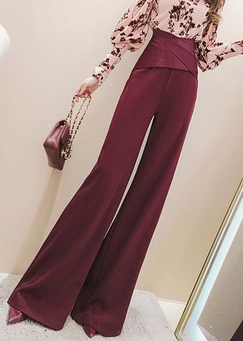 French Red Solid High Waist Cotton Wide Leg Pants Spring
