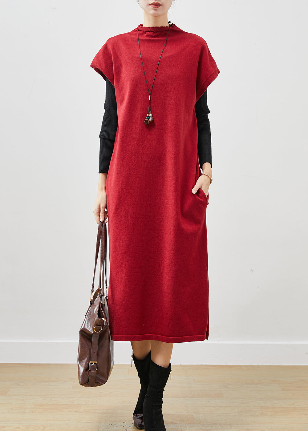 French Red Turtle Neck Oversized Cotton Long Dresses Short Sleeve