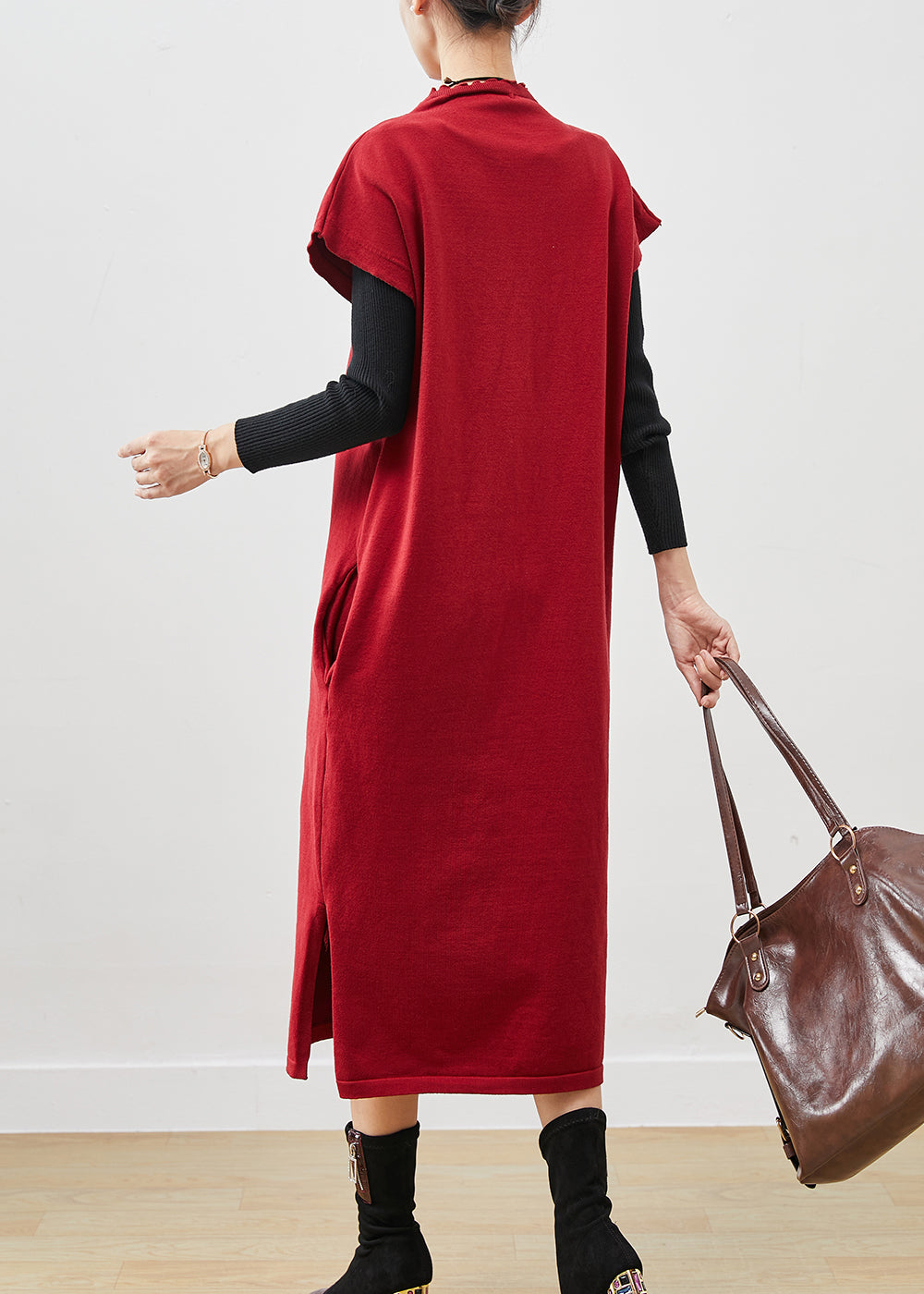 French Red Turtle Neck Oversized Cotton Long Dresses Short Sleeve