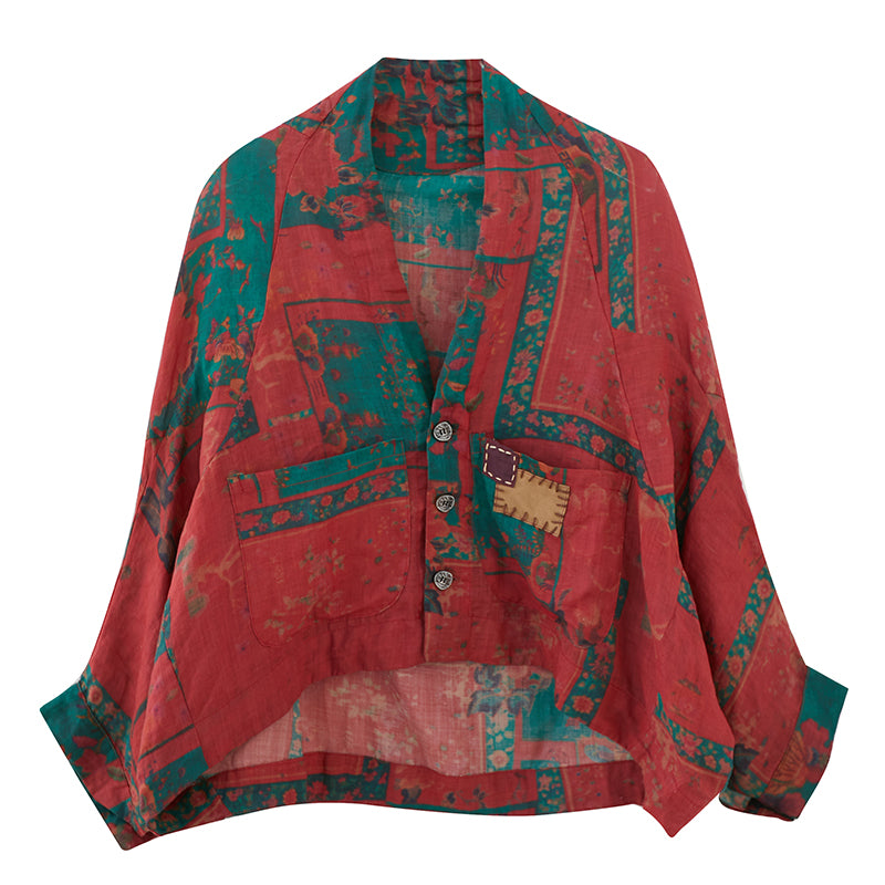 French Red V Neck Pockets tie waist Print Coat Batwing Sleeve