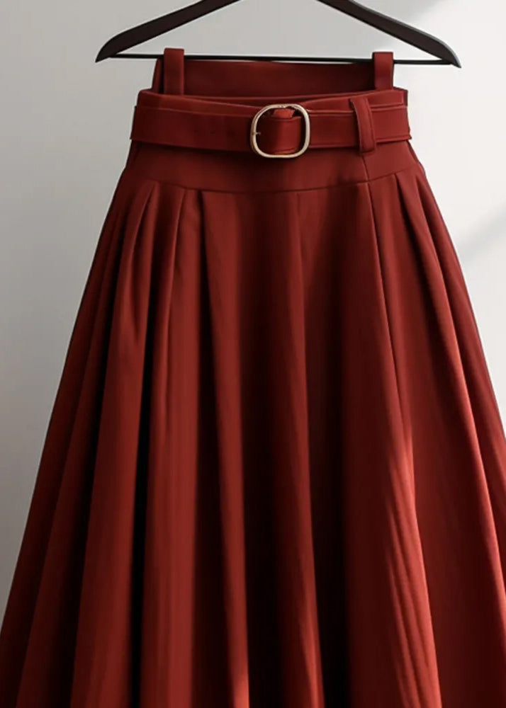 French Red Wrinkled High Waist Cotton Skirts Spring