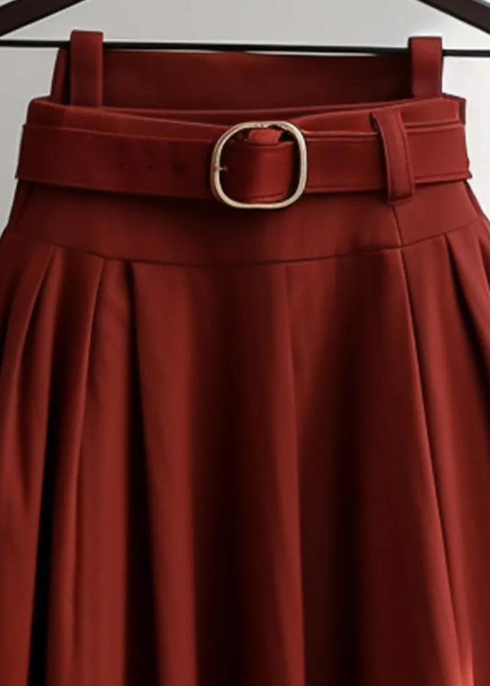 French Red Wrinkled High Waist Cotton Skirts Spring