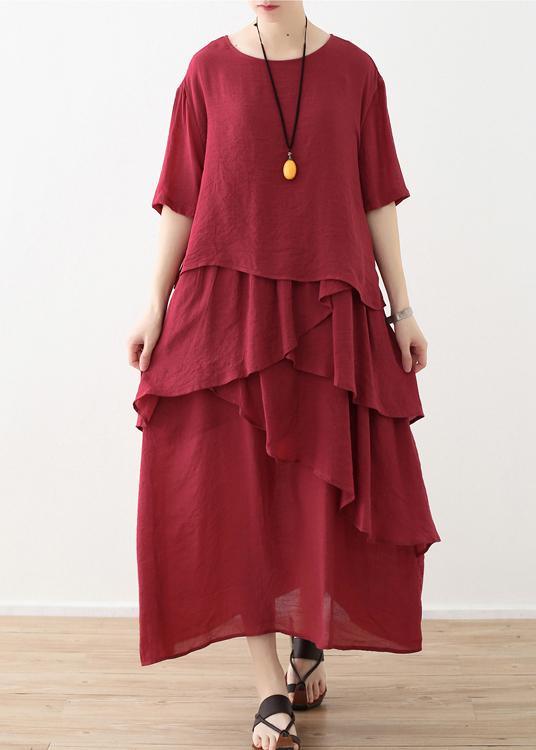 French Red asymmetrical Design Patchwork Cotton Linen Dress - Omychic