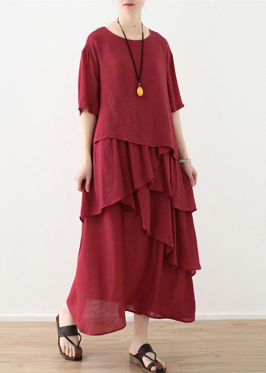 French Red asymmetrical Design Patchwork Cotton Linen Dress - Omychic