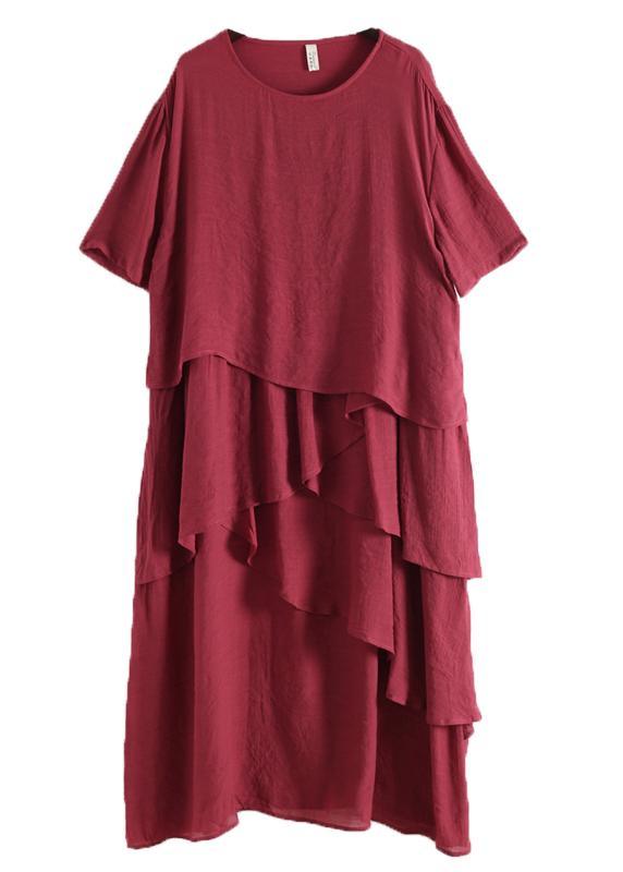 French Red asymmetrical Design Patchwork Cotton Linen Dress - Omychic