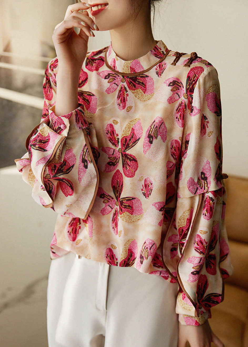 French Red button Stand Collar print Patchwork Chiffon Shirt Tops Spring