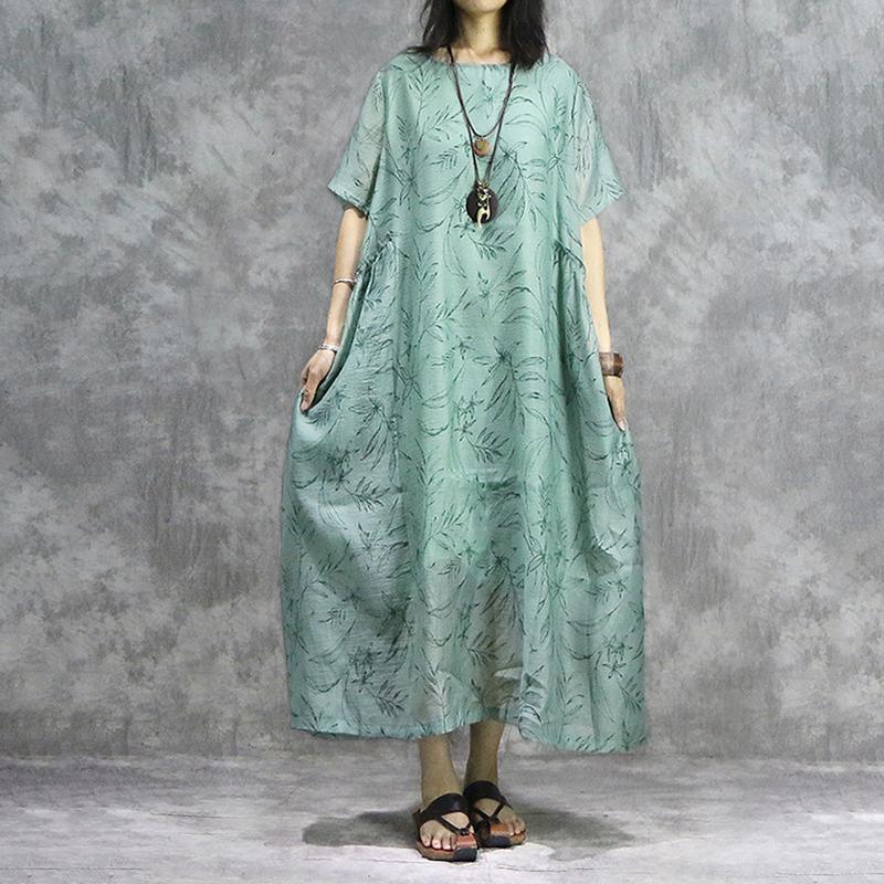 French Robes 18th Century Tencel Print Spliced Loose Short Sleeve Dress - Omychic