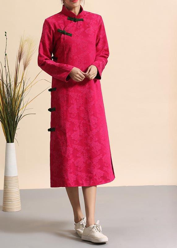 French Rose Clothes Women Stand Collar Chinese Button Kaftan Spring Dresses - Omychic