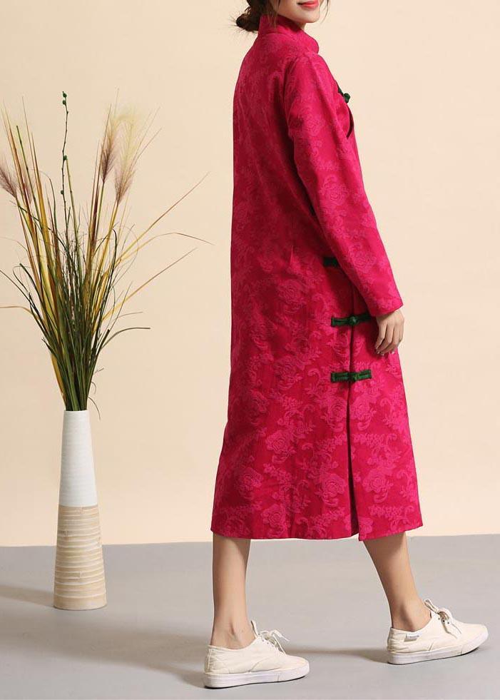 French Rose Clothes Women Stand Collar Chinese Button Kaftan Spring Dresses - Omychic