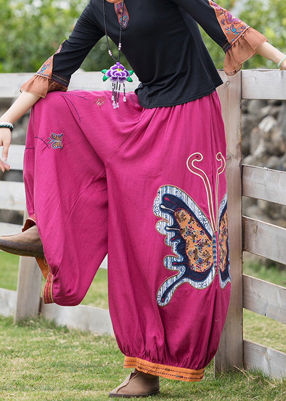French Rose Embroideried Floral Linen Harem Pants - Omychic