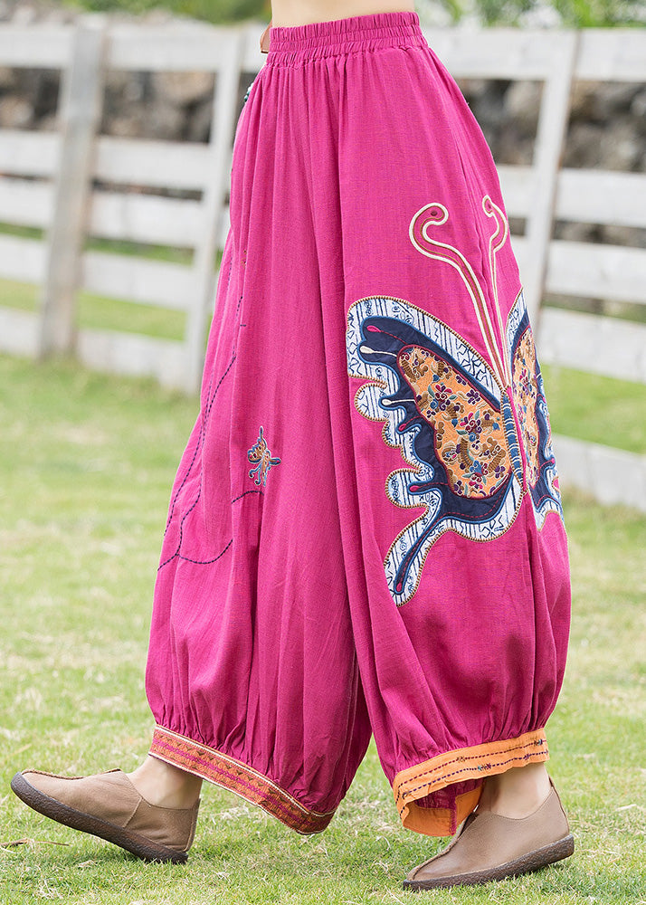 French Rose Embroideried Floral Linen Harem Pants - Omychic