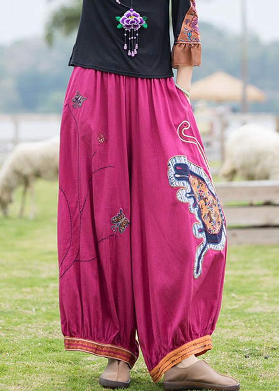 French Rose Embroideried Floral Linen Harem Pants - Omychic