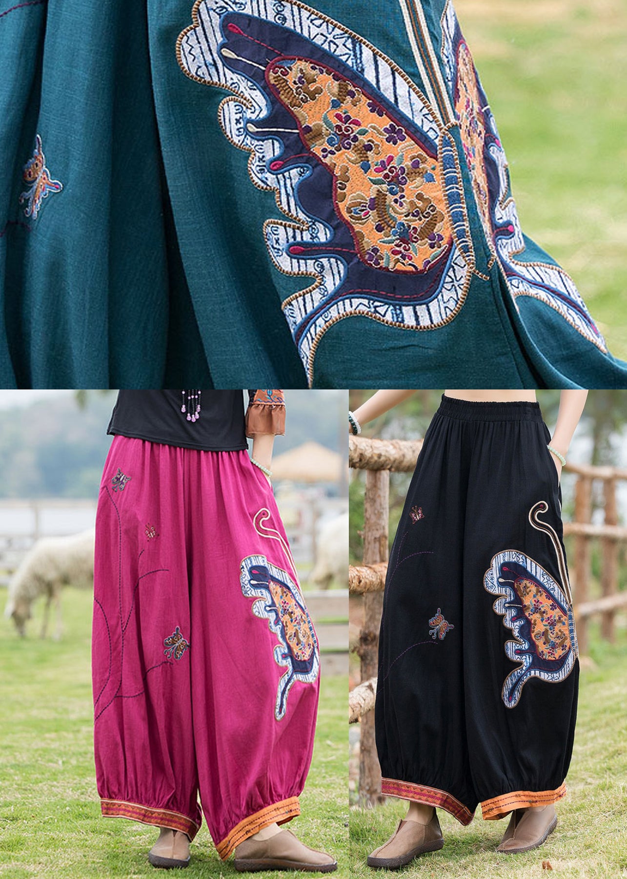 French Rose Embroideried Floral Linen Harem Pants - Omychic