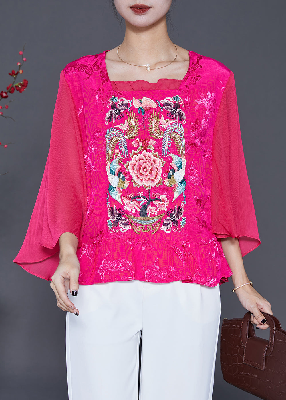 French Rose Embroideried Patchwork Silk Blouses Cloak Sleeves
