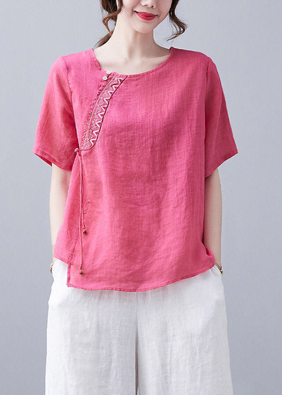 French Rose O-Neck Embroideried Linen T Shirt Short Sleeve