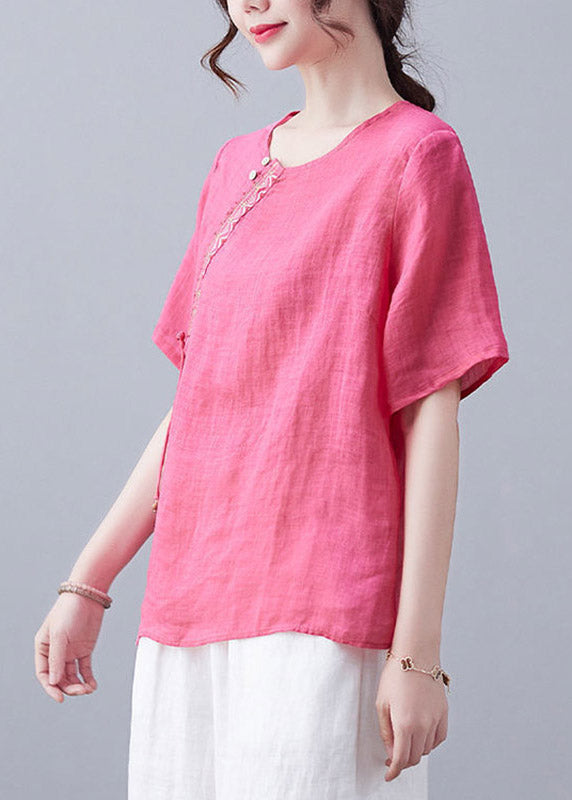 French Rose O-Neck Embroideried Linen T Shirt Short Sleeve