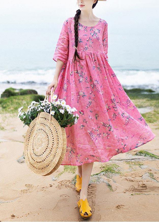 French Rose Print Cinched Pockets Maxi Summer Linen Dress - Omychic