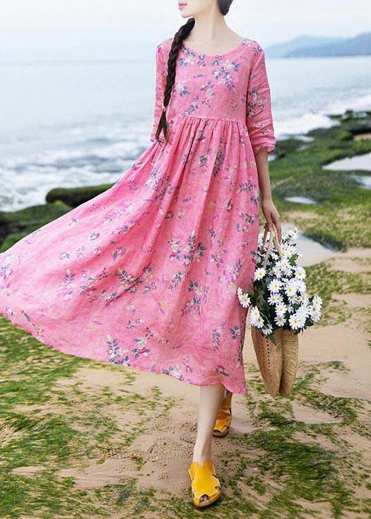 French Rose Print Cinched Pockets Maxi Summer Linen Dress - Omychic